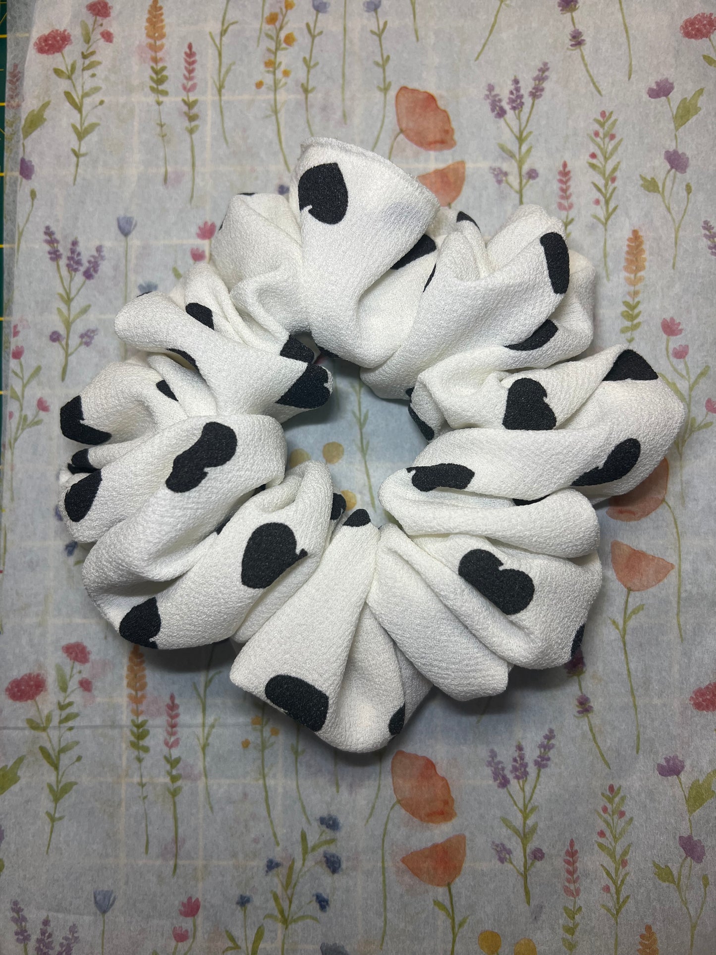 White with black heart scrunchie