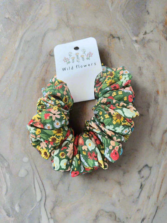 Green Floral scrunchie with sunflowers